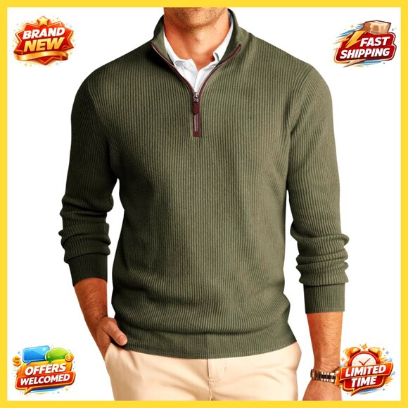 Quarter-Zip Pullover Sweater Classic Fit Mock Neck Ribbed Winter Warm